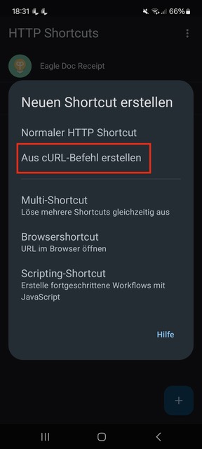 add a shortcut based on an existing curl command