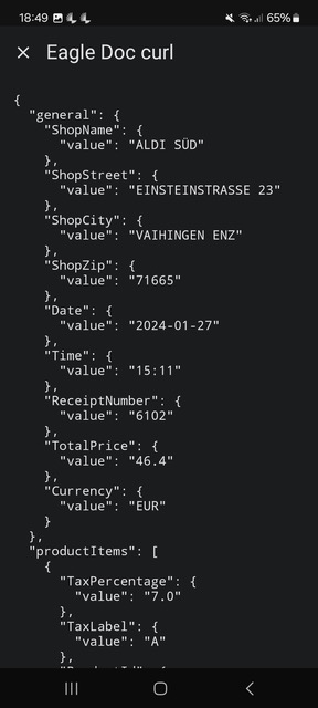 result of the curl command for an receipt